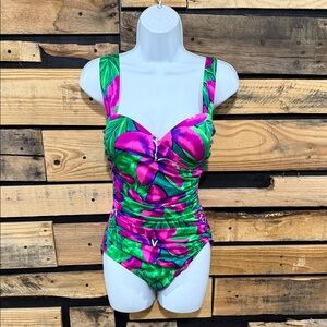 Vintage 80s‎ Sirena 12 One Piece Swimsuit Vibrant Floral Retro Pin Up Ruched